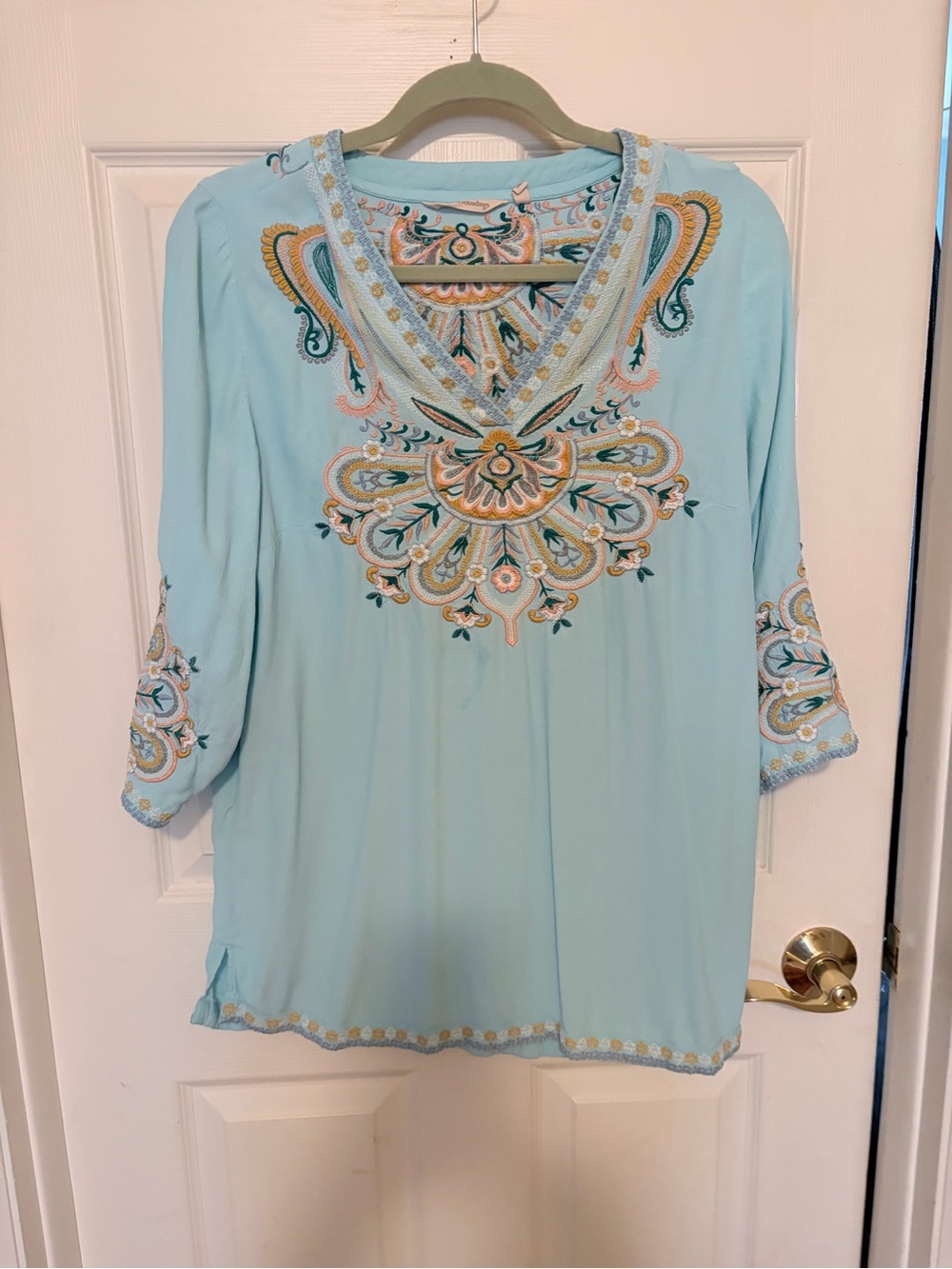 Soft Surroundings Embroidered Tunic Top in Light Blue with Gold Accents